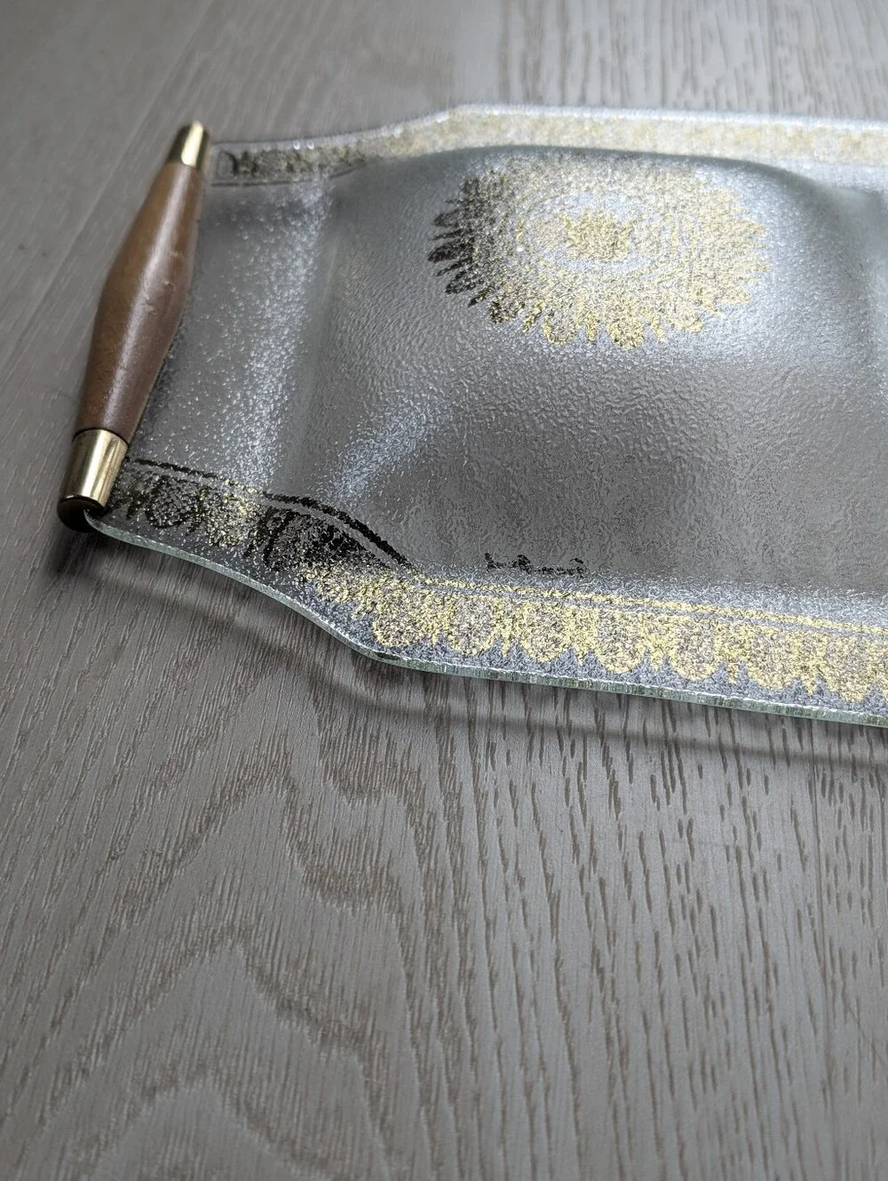 Vintage Georges Briard Glass Tray, Teak Handles, Gold & Brown Design.